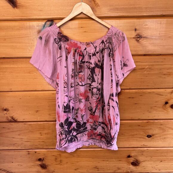 SereNade NY Pink Multicolor Poly Floral Pullover Blouse Elastic Neck XL - Picture 4 of 4